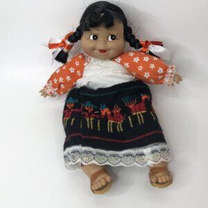 Mexican Girl Folk Art Doll Sandals Wool Skirt w/Man & Burro Mexico Souvenir